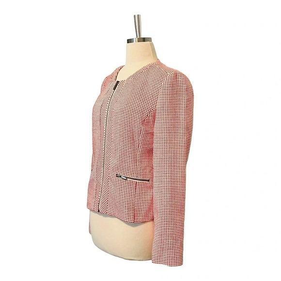 HALOGEN PINK WHITE CHECKED CROPPED ZIP UP BLAZER LINED POCKETS WOMEN SIZE MEDIUM - Picture 4 of 11